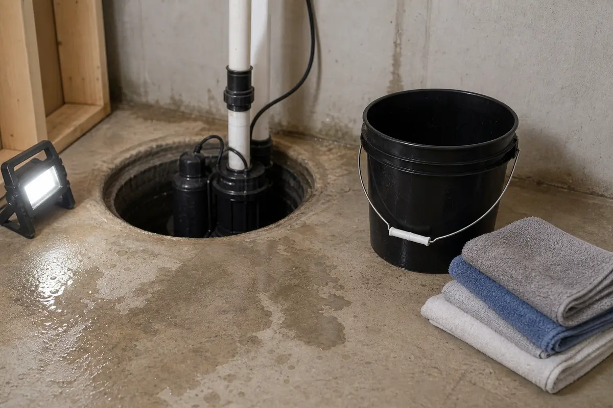 Bucket and towels staged beside a sump pump for controlled water testing