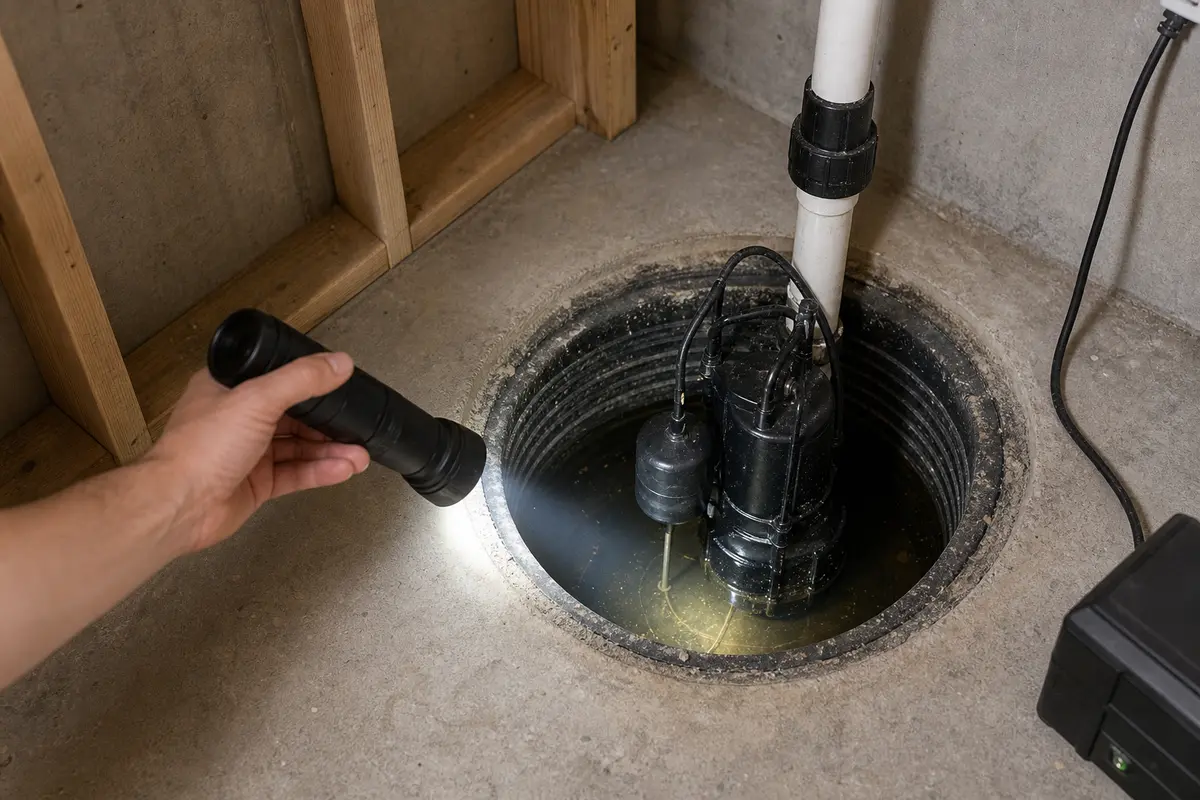 Inspection flashlight aimed at a sump pump discharge pipe and wet concrete