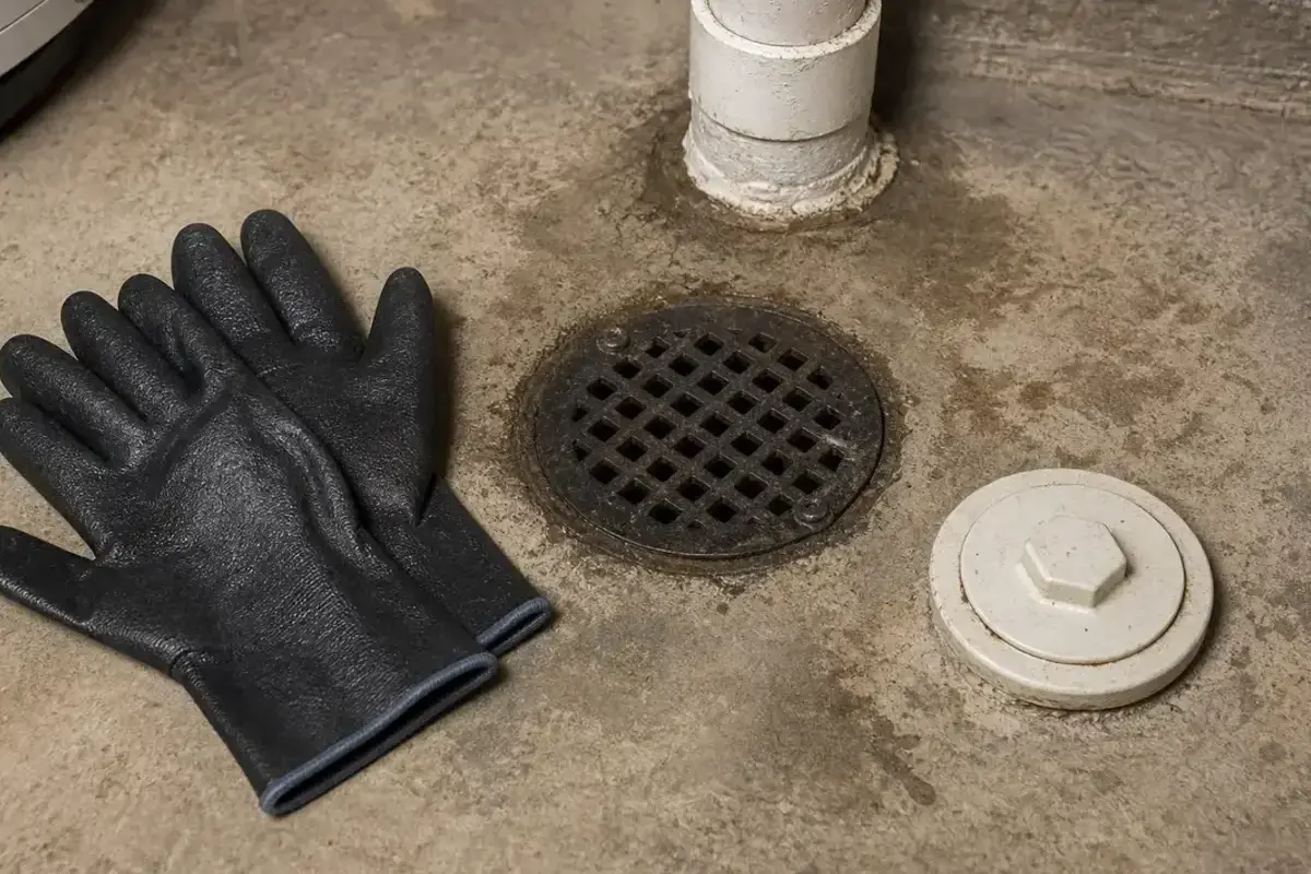 Waterproof work gloves beside a sump pump basin and wet floor cleanup area