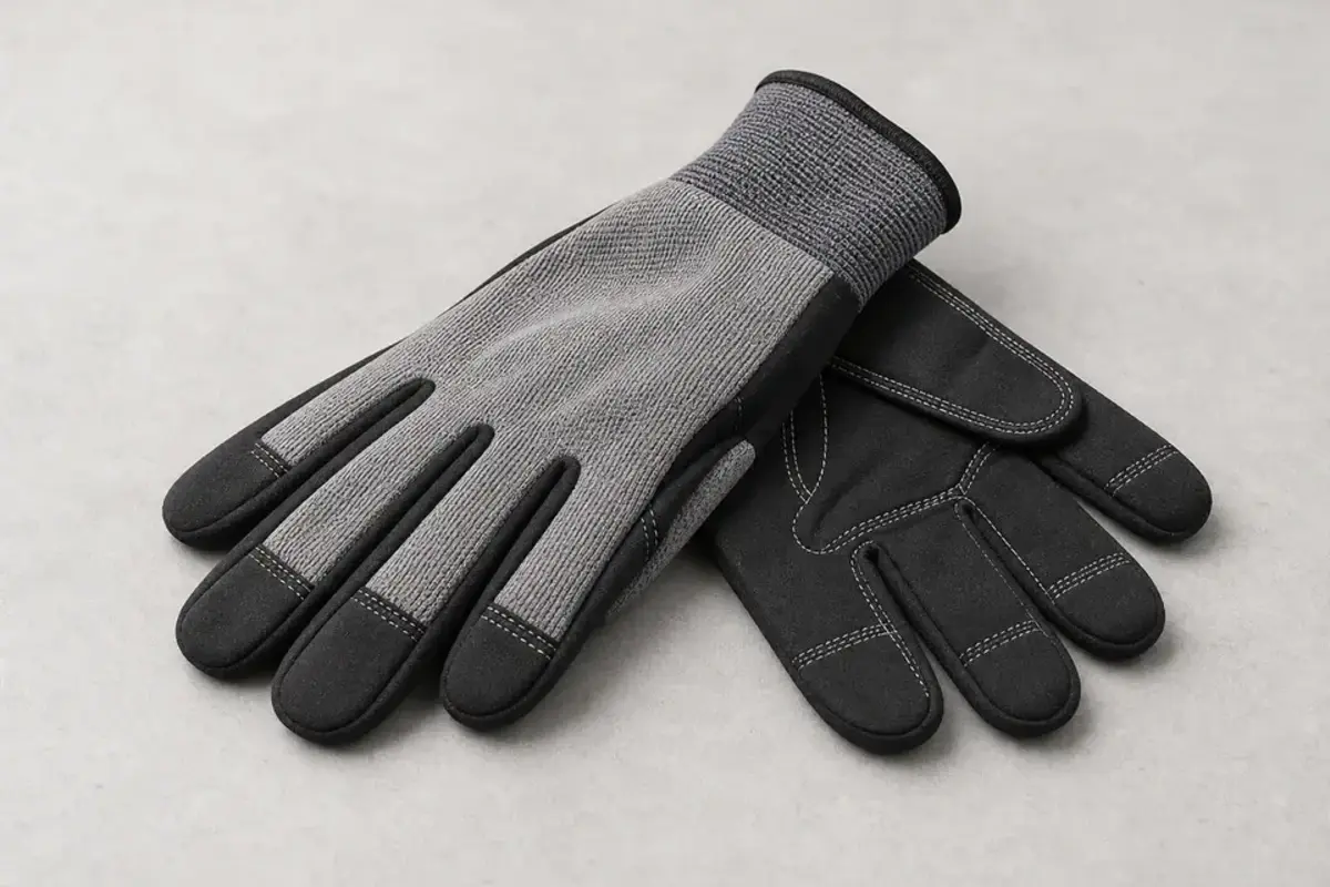Work gloves for inspecting damp crawlspace framing and vapor barrier