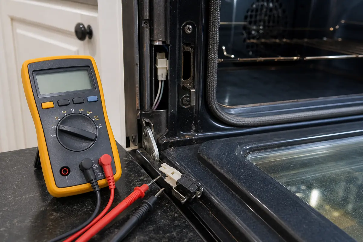 Digital multimeter staged for disconnected oven door switch continuity testing