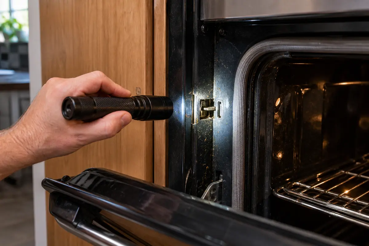 Inspection flashlight lighting the oven latch slot for Whirlpool F5E1 troubleshooting