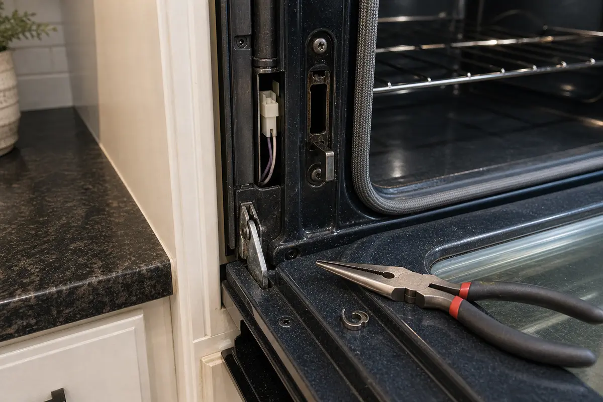 Needle-nose pliers beside an oven latch connector for Whirlpool F5E1 checks