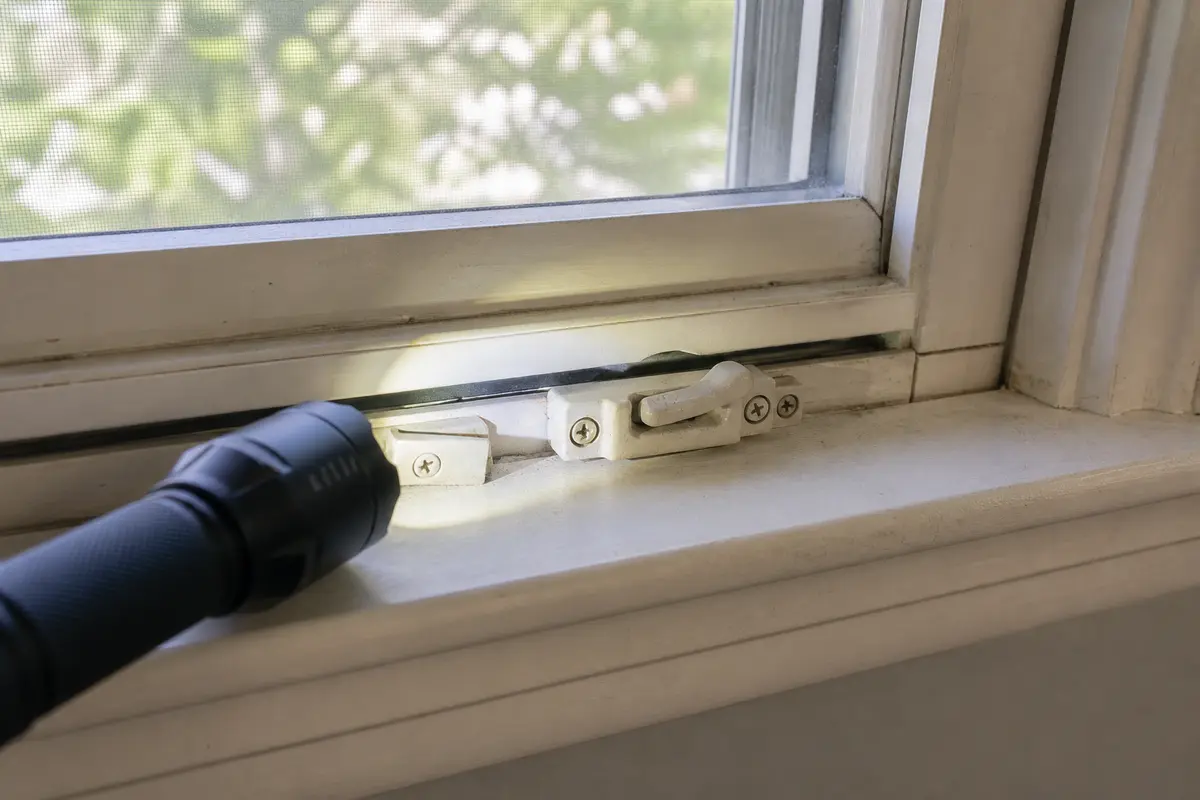 Inspection flashlight aimed at a rattling window latch and sash gap