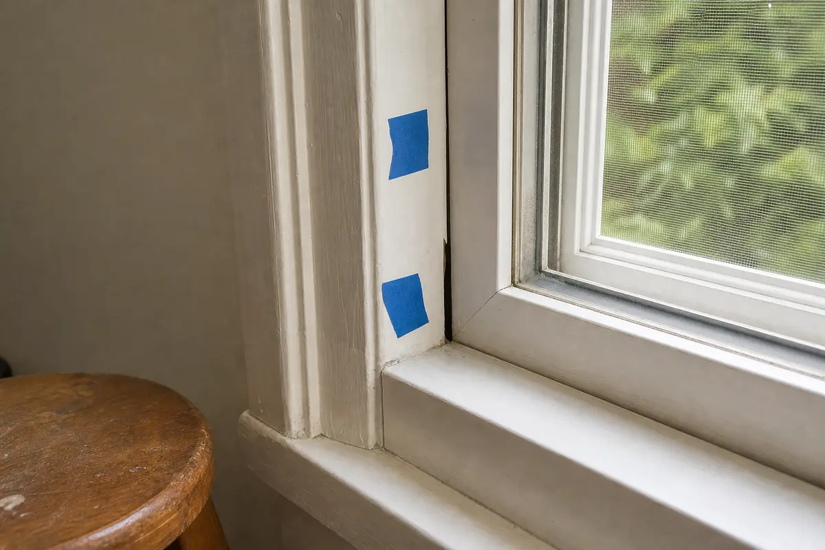 Painter's tape marking a loose window trim rattle location before repair