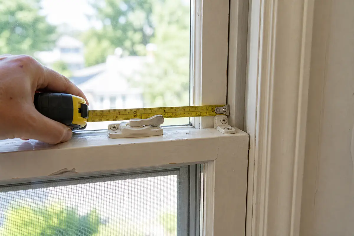 Tape measure checking window latch screw spacing before ordering replacement hardware