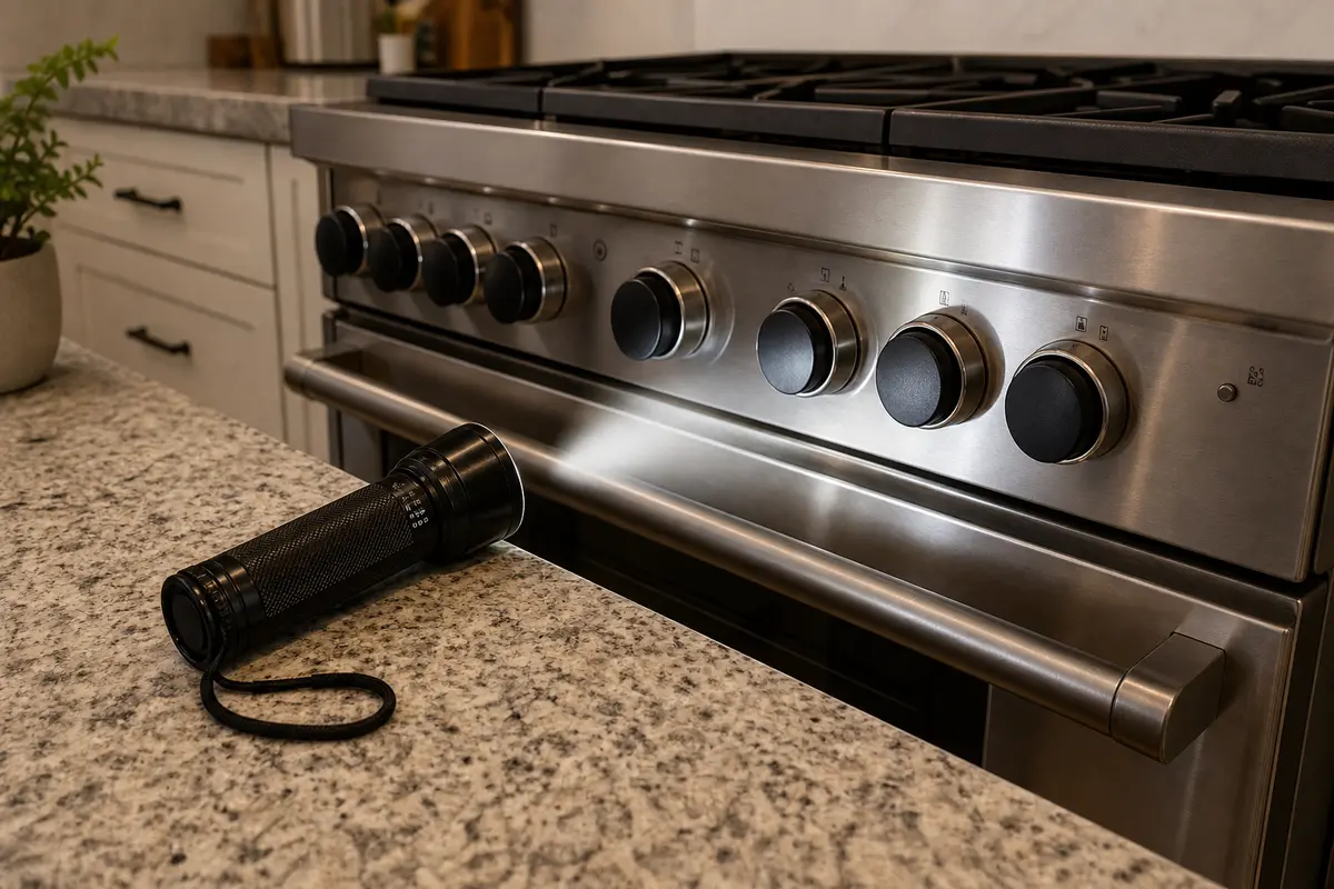 Inspection flashlight staged near a stainless range control panel for Wolf code 01 checks