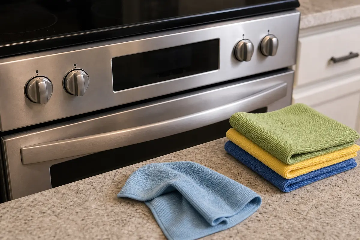 Microfiber cloths staged for gently drying a range control panel with power off