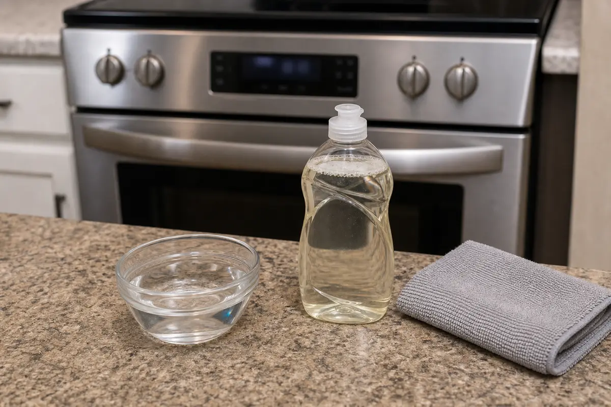 Mild dish soap and soft cloth staged away from a range keypad seam